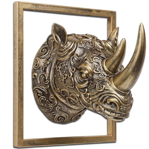 JJALIGHTS Exquisite Resin Animal Head Wall Sculpture (Gift Metal Frame) - Imitation Copper Vintage Decor for Living Room, Bedroom & Office | Decorative Wall Hanging Art (Rhinoceros) - color: Bronze Rhinoceros