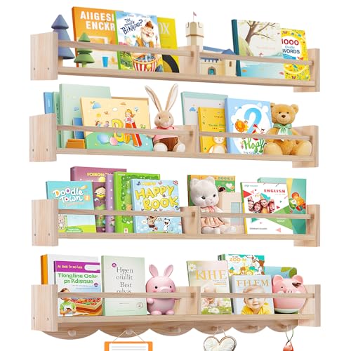 34Inch Nursery Book Shelves Wall Mounted, Floating Book Shelf for Kids Coat Rack with 6 Hooks, Wall Hanging Shelf for Baby Nursery Room Organizer ，Patent Number:US-D1058229-S(4, Burlywood) - color: Burlywood