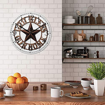 Round Farmhouse Wall Clock Western Texas Star Country Style Wood Clock Quiet Non-Ticking Battery Operated Easy to Read Classic Wall Art Analog Clock for Living Room Kitchen Bathroom 10 Inch - color: Style-1, size: 10in