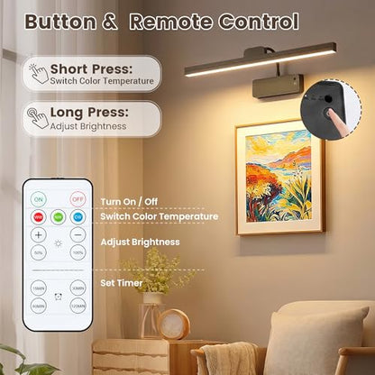 Picture Light for Wall, 15" Rechargeable Battery Operated LED Wall Sconce - color: Black, size: 1 Count (Pack of 1)