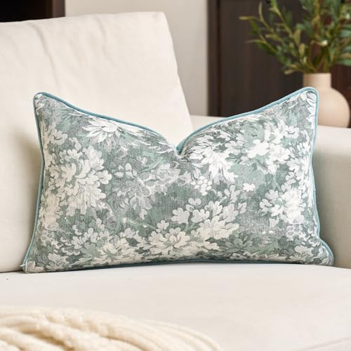 Alerfa Light Blue Neutral Floral Pillow Cover 12 x 20 Inch, Vintage Chenille Rectangle Couch Pillow Cover Soft Decorative Farmhouse Accent Pillowcase for Living Room Bedroom - color: Light Blue, size: 20" x 12" (Pack of 1)