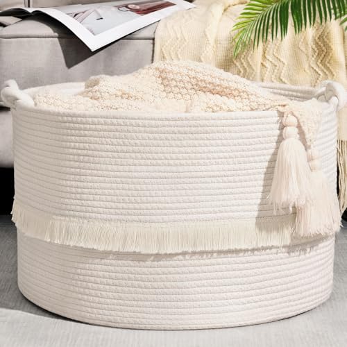 67L Large Blanket Basket, 20"x13" Woven Storage Baskets With Handle, Cotton Rope Blanket Basket Living Room, Baby Laundry hamper for Blanket, Nursery, Toy, Pillow (White) - color: White, size: 67L