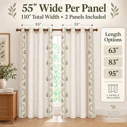 Beige linen blend brown embroidery Floral Grommet Curtains 55X83", 2 Panels - color: Grass Greenn, size: 55"W x 83"L (Pack of 2)