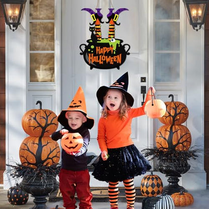 Halloween Witch Door Sign Happy Halloween Wooden Sign Plaque Witch Leg Front Door Hanging Decor Wood Welcome Signs for Home Farmhouse Hanger Porch Wall Decor Witches Party Supplies