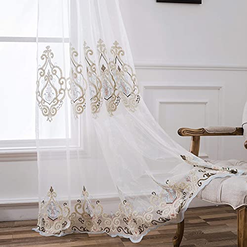 VOGOL Embroidered Semi Sheer Curtains 106 inches Long Grommet Window Treatment Voile Panel Drape for Living Room Bedroom and Dining Room, Two Panels, W60 x L106 inch - color: C2, size: 60"W x 106"L (Pack of 2)