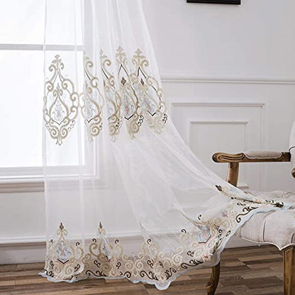 VOGOL Embroidered Semi Sheer Curtains 106 inches Long Grommet Window Treatment Voile Panel Drape for Living Room Bedroom and Dining Room, Two Panels, W60 x L106 inch - color: C2, size: 60"W x 106"L (Pack of 2)