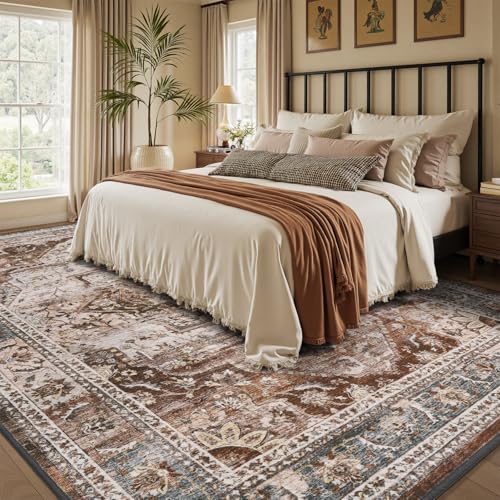 5x7 Area Rugs for Living Room Rug Brown Bedroom Rug Carpet Washable Neutral Vintage Dining Room Rugs for Under Table Soft Comfortable Non Slip - color: Brown Multi, size: 5' x 7' (Rectangular)