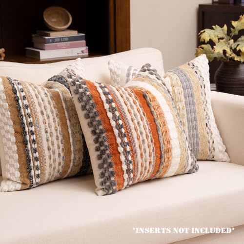 Boho Chenille Tufted Throw Pillow Covers 18x18 Inch Set of 2 Farmhouse Orange Grey Woven Striped Decorative Pillowcases for Couch Sofa Bed - color: Orange Grey