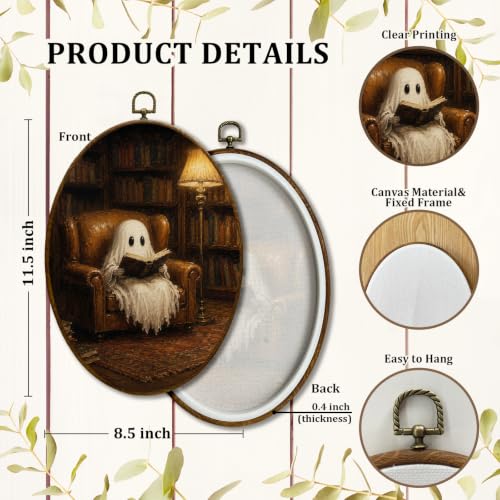 JQF Spooky Ghost Bookish Reading Oval Wall Decor Framed 8.5x11.5 Inch - color: ghost-3