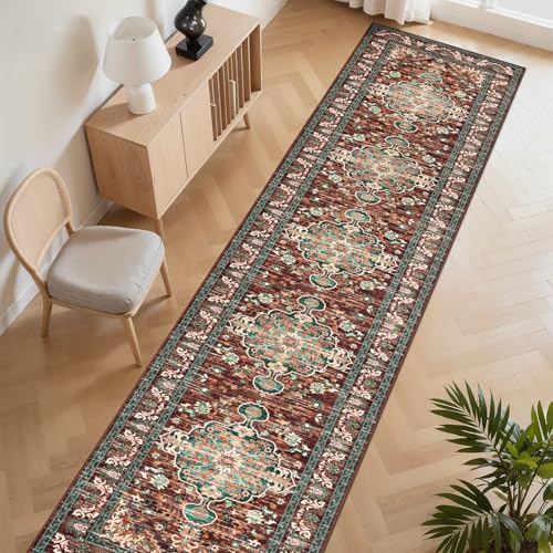 U'Artlines 3' x 20' Boho Hallway Runner Rug, Washable Carpet, Rust＆Teal - color: Rust＆teal, size: 3' x 20' (Runner)