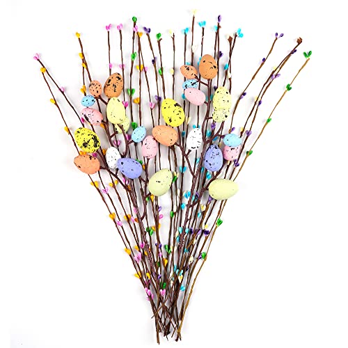Artificial Easter Spray Vine with Pastel Easter Eggs and Berries- Decorative Spring Floral Stems-Easter Egg Twig Branches for Floral Arrangement-Centerpiece Wreath Decoration (26 Pcs)