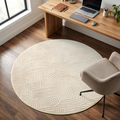 Etwel 5.2 ft Beige Geometric Textured High-Low Pile Washable Round Rug - color: Neutral Beige, size: 5'2"