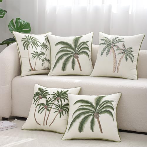 Embroidered Throw Pillow Covers 18x18 Pack of 2 Green and Pink - color: Green Pink Coconut Trees