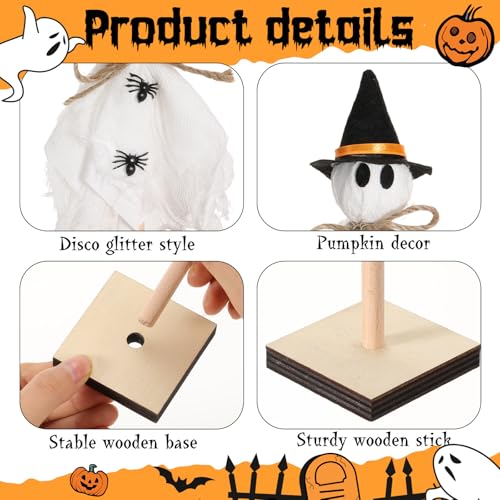 Tellegloww 3 Pcs Halloween Ghost Centerpieces Wooden Stand with Witch Hat
