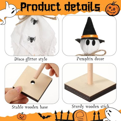 Tellegloww 3 Pcs Halloween Ghost Centerpieces Wooden Stand with Witch Hat