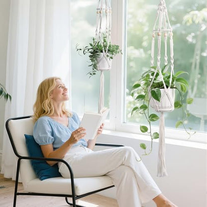 2 Pack Macrame Plant Hanger with Grow Light for Indoor Plants - color: Plant Hanger Ivory(daylight)