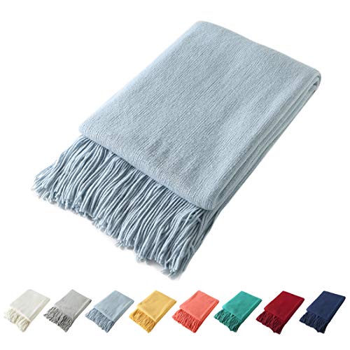 Homiest Pale Blue Knitted Throw Blanket with Fringe, 50x60 Inch - color: Baby Blue, size: 50" x 60"