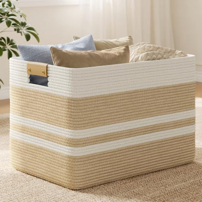 Nunsino 96L Blanket Basket with Leather Handles,Laundry Basket,Brown White - color: Brown White, size: 96L