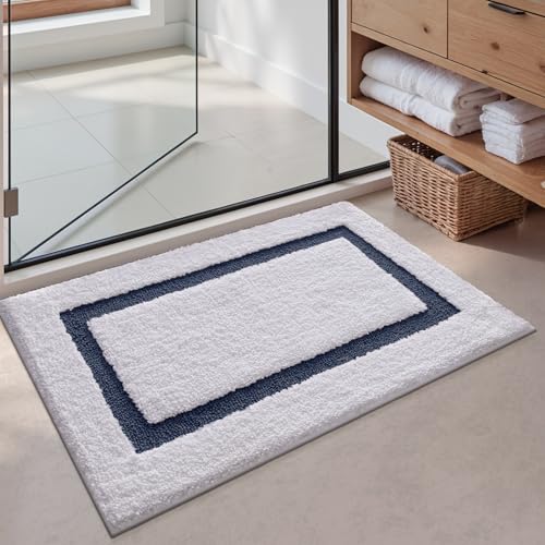 LUMI Bathroom Rug, Non Slip Absorbent Bath Mat, White Blue, 24"x36" - color: White+blue, size: 24"x36"