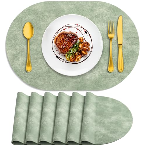 ADRIMER Oval Placemats Set of 6, Wipeable Faux Leather, Green - color: Green