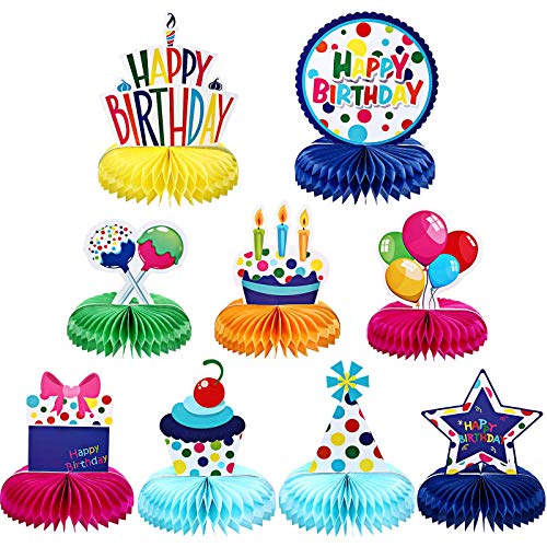 9 Pieces Colorful Happy Birthday Decorations Rainbow Honeycomb Balls Centerpieces Table Topper Pom Poms for Kids Birthday Party Baby Shower