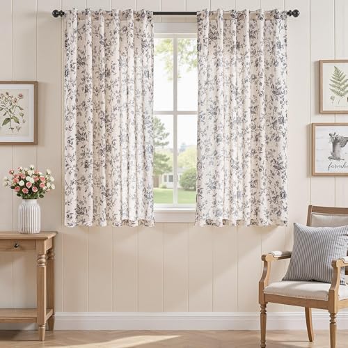 jinchan Linen Curtains 63 inch Black Floral Farmhouse Rod Pocket 2 Panels - color: Amlie Black, size: 50"W x 63"L (Pack of 2)