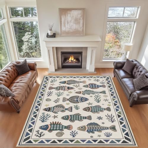 9x12 Fish Ocean Area Rug for Living Room Coastal Rugs Low Pile Non Slip - color: Fish, size: 9'x12' (Rectangular)