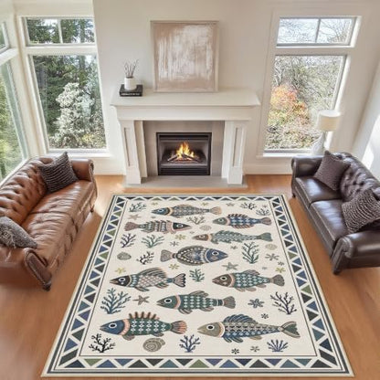 9x12 Fish Ocean Area Rug for Living Room Coastal Rugs Low Pile Non Slip - color: Fish, size: 9'x12' (Rectangular)