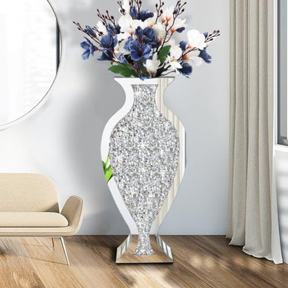 Tall Floor Vase S Crushed Diamond Mirrored Vase 27” Tall for Large Flower - color: Shpld Diamond Silver