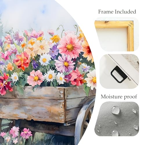 LJXDUBAF Vintage Floral Canvas Wall Art,Rustic Meadow with Flowers Landscape Framed Poster, Farmhouse Style Artwork for Living Room Bedroom Bathroom Kitchen Decor (Flower 03, 24L×24W) - color: Flower 03, size: 24L"×24W"