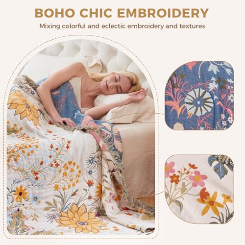 LUTBM Boho Throw Blanket for Bed 60"x80", All Season Cotton Couch Blankets - color: Flower-garden, size: 60"×80"
