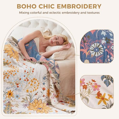 LUTBM Boho Throw Blanket for Bed 60"x80", All Season Cotton Couch Blankets - color: Flower-garden, size: 60"×80"