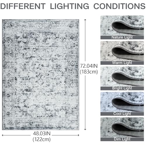 Unirea 4x6 Washable Light Grey White Area Rugs for Living Room Bedroom, Vintage Non Slip Low Pile Area Rug, Thin Boho Abstract Indoor Rug, Gray Soft Floor Carpet for Dining Room Kitchen Entryway - color: Light Grey/White, size: 4' x 6' (Rectangular)