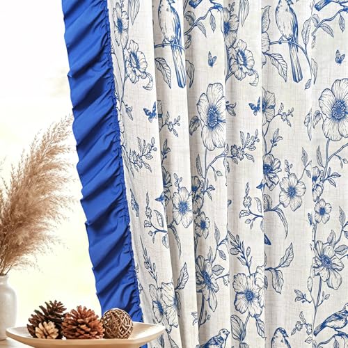 Yinhua Blue Floral Curtains for Living Room 84 Inch Length Farmhouse French Bedroom Curtains with Ruffle Tieback, Linen Light Filtering Window Curtain Rod Pocket Back Tab Drapes, 52"W x 84"L, 2 Panels - color: Blue, size: 52"W x 84"L (Pack of 2)