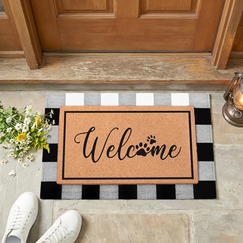 2-Piece Layered Welcome Mat Set - Coir Doormat & Buffalo Plaid Rug - color: Dog Paws
