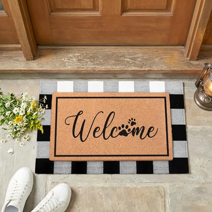 2-Piece Layered Welcome Mat Set - Coir Doormat & Buffalo Plaid Rug - color: Dog Paws