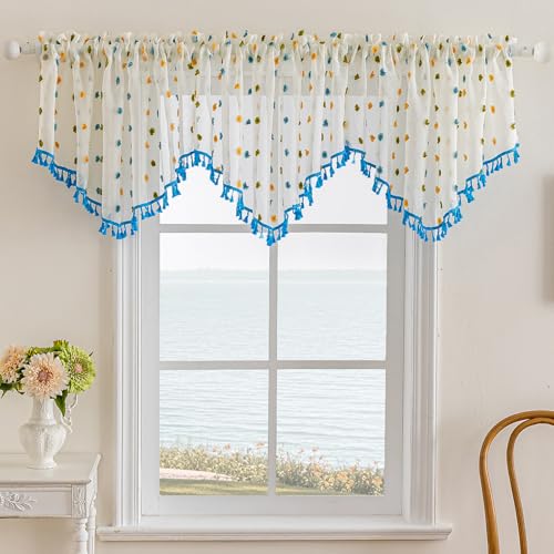 3 Pieces Boho Sheer Valances for Windows, Cute Pom Pom Rod Pocket Light Filtering Short Valance Curtains with Tassels for Nursery Kids Bedroom Bathroom Cafe (Blue A,55"x24") - color: Blue a
