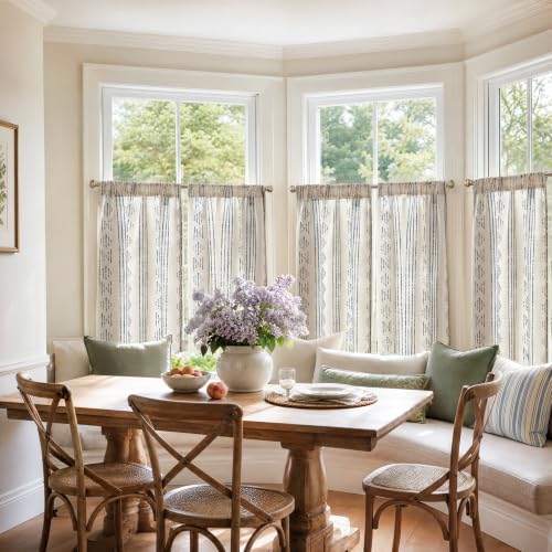 jinchan Linen Striped Tier Curtains for Kitchen Windows Boho - color: Boho Blue | on Beige, size: 26"W x 20"L (Pack of 2)