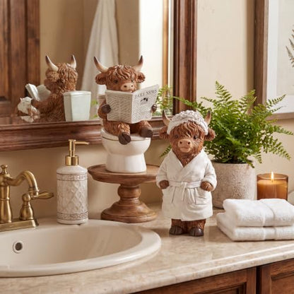 Karenhi 2 Pcs Highland Cow Figurines, Funny Bathroom Resin Statues Decor - style: Bathroom