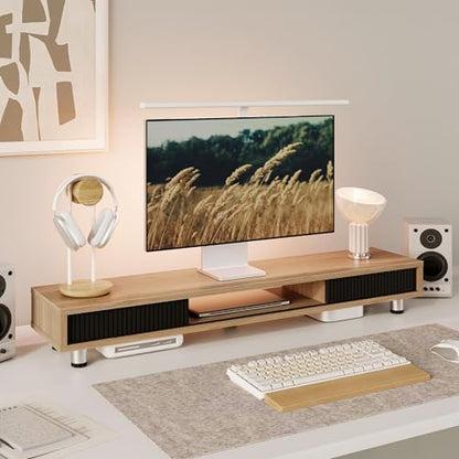 Fenge Dual Monitor Stand with Storage, Desk Shelf with Glass Sliding Door - color: Dark Oak