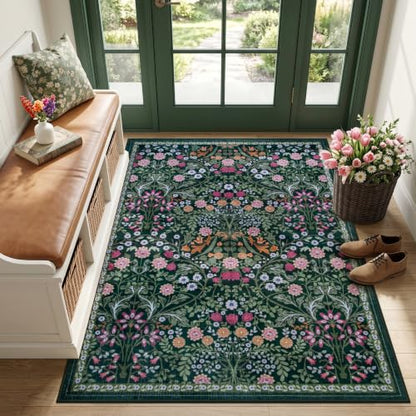 PLHXFR Area Rug Living Room: 3x5 Floral Washable Boho Carpet Dark Green - color: Dark Green, size: 3' x 5' (Rectangular)
