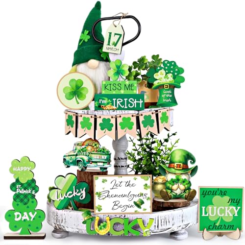 St Patricks Day Decor, 22 PCS St Patricks Day Tiered Tray Decor Set-St. Patrick's Day Decorations for Table with Gnome Shamrock Wooden Signs Irish Decorations Farmhouse Kitchen Centerpiece Home Decor - color: Green