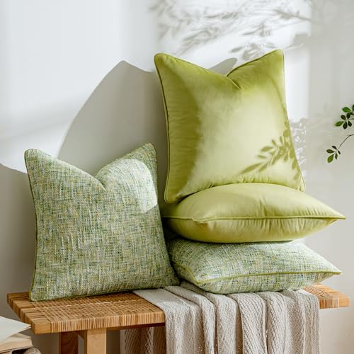 a moment Green 4 Pack Throw Pillow Covers - Chenille & Velvet Set with Piping, Farmhouse Textured Design Pillow Cases for Couch Sofa Bed Livingroom (20x20 Inch, No Insert) - color: Green, size: 20" x 20" (Pack of 4)