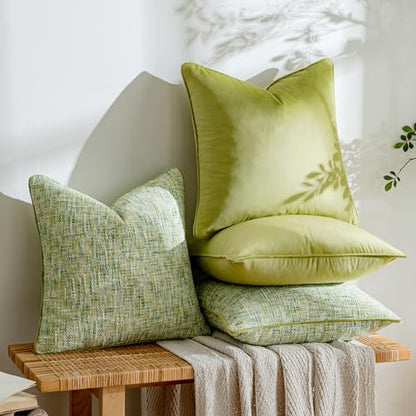 a moment Green 4 Pack Throw Pillow Covers - Chenille & Velvet Set with Piping, Farmhouse Textured Design Pillow Cases for Couch Sofa Bed Livingroom (16x16 Inch, No Insert) - color: Green, size: 16" x 16" (Pack of 4)