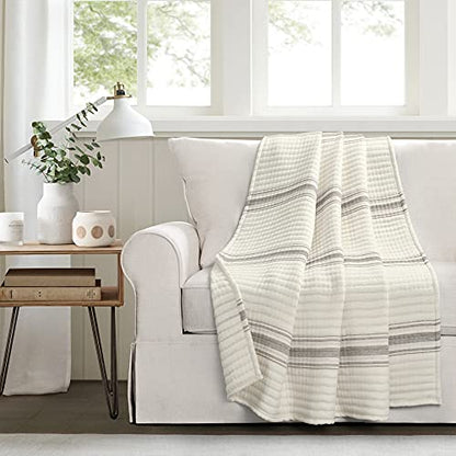 Lush Decor Farmhouse Stripe Kantha Pick Stich Yarn Dyed Cotton Woven Throw Reversible Ticking Pinstripe Design Blanket, 50" x 60", Gray - color: Gray