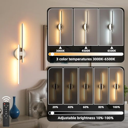 Battery Operated Wall Sconce Set of 2, Brushed Nickel 23.6" 3000K-6500K Dimmable Wall Sconces with Remote Control, Wireless Wall Light Rechargeable for Bedroom Hallway Living Room Background - color: Brushed Nickel, size: 23.6" 2-Pack
