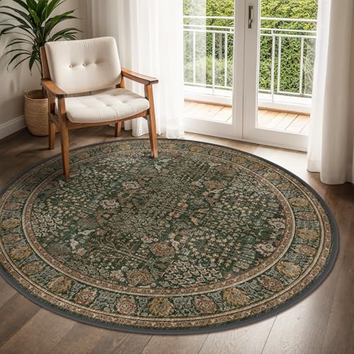 Bavni 5ft Round Area Rug 5x5, Washable Non Slip, Dark Green Brown - color: Dark Green Brown, size: 5' (Round)