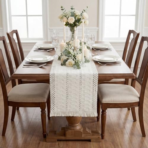 Boho Macrame Table Runner with Tassels 72in White Farmhouse Runner - color: White, size: 12'' x 72''