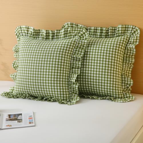 Silnuo Olive Green/White Gingham Plaid Ruffle Throw Pillow Covers 18"x18" - color: Green/White, size: 18" x 18" (Pack of 2)