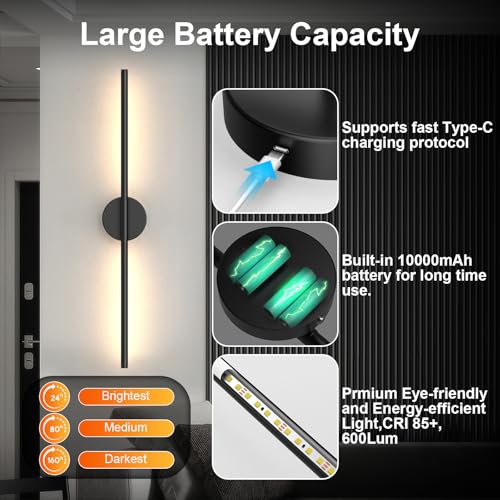 Tartek Battery Operated Wall Sconces Set of Two, Rechargeable Wall Lights with Remote Control, Dimmable 3000K-6000K LED Wall Lamp, 360°Rotate, Long Wireless Sconces for Living Room, Bedroom - color: Black